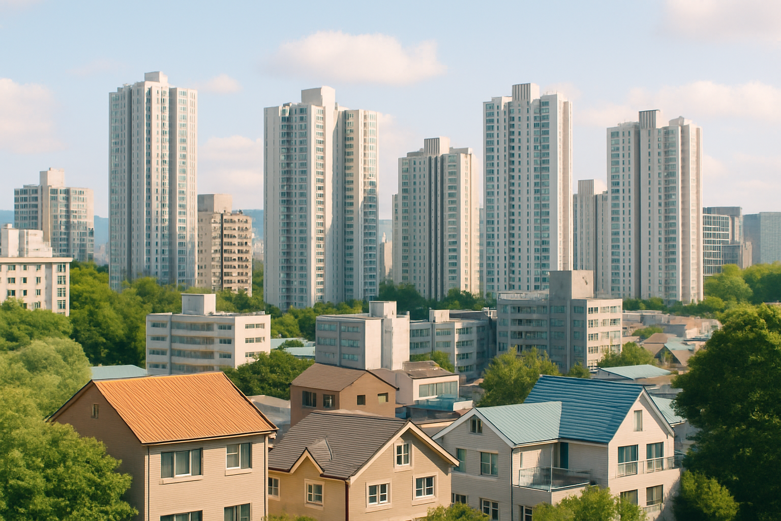a group of buildings with trees in the background