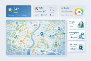 생활 정보 통합 대시보드 예시 이미지 (날씨, 교통, 공기질, 위치 기반 정보)